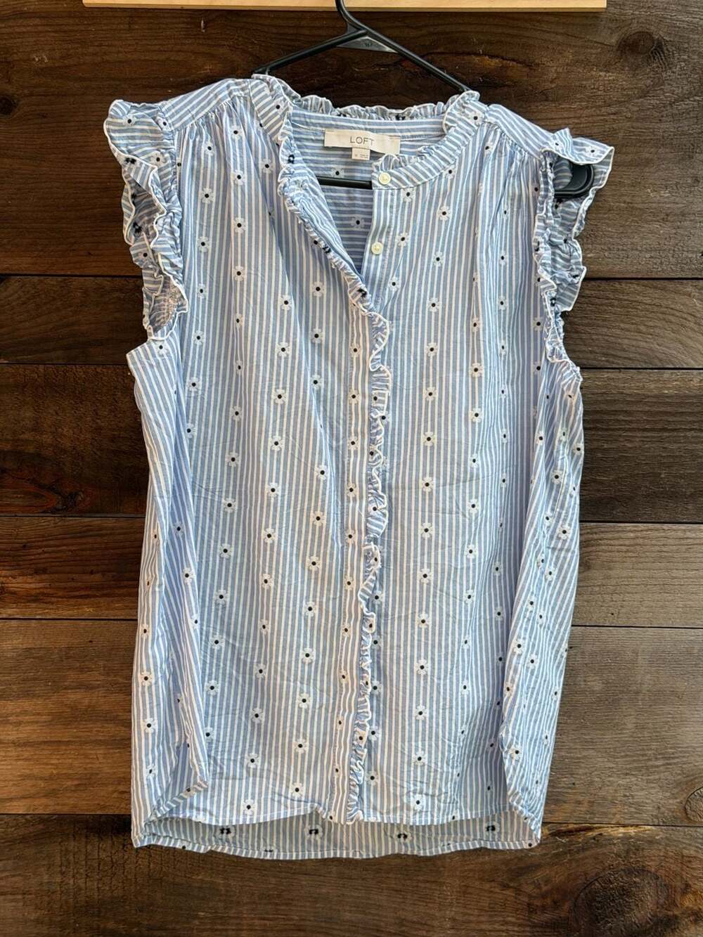 LOFT Blue Striped Floral Embroidered Ruffle Sleeveless Blouse Size M